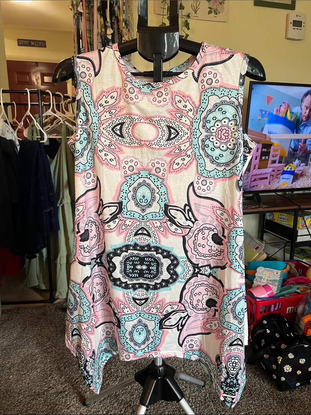 Sleeveless Pink and Aqua Medallion Print Shift Dress